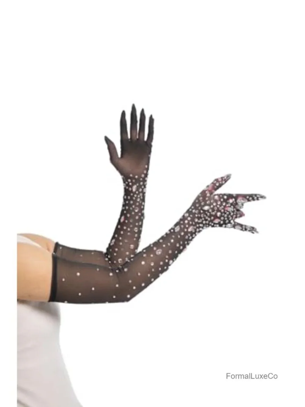 Rhinestone Mesh Gloves with Nails, Long Elbow Length Glitter Crystal